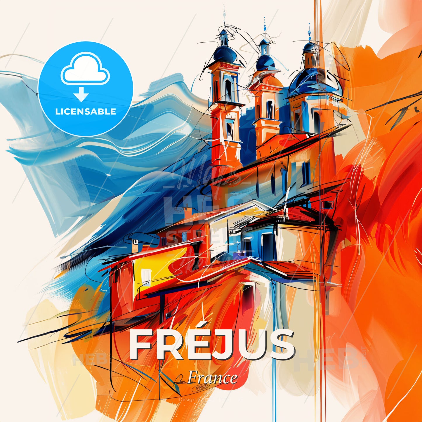 Vibrant Fréjus, France - A Painting Of A Building With Towers - Square format print template