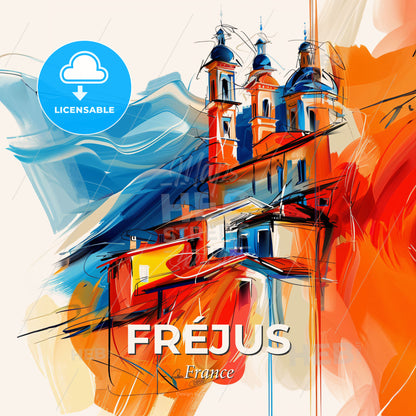 Vibrant Fréjus, France - A Painting Of A Building With Towers - Square format print template