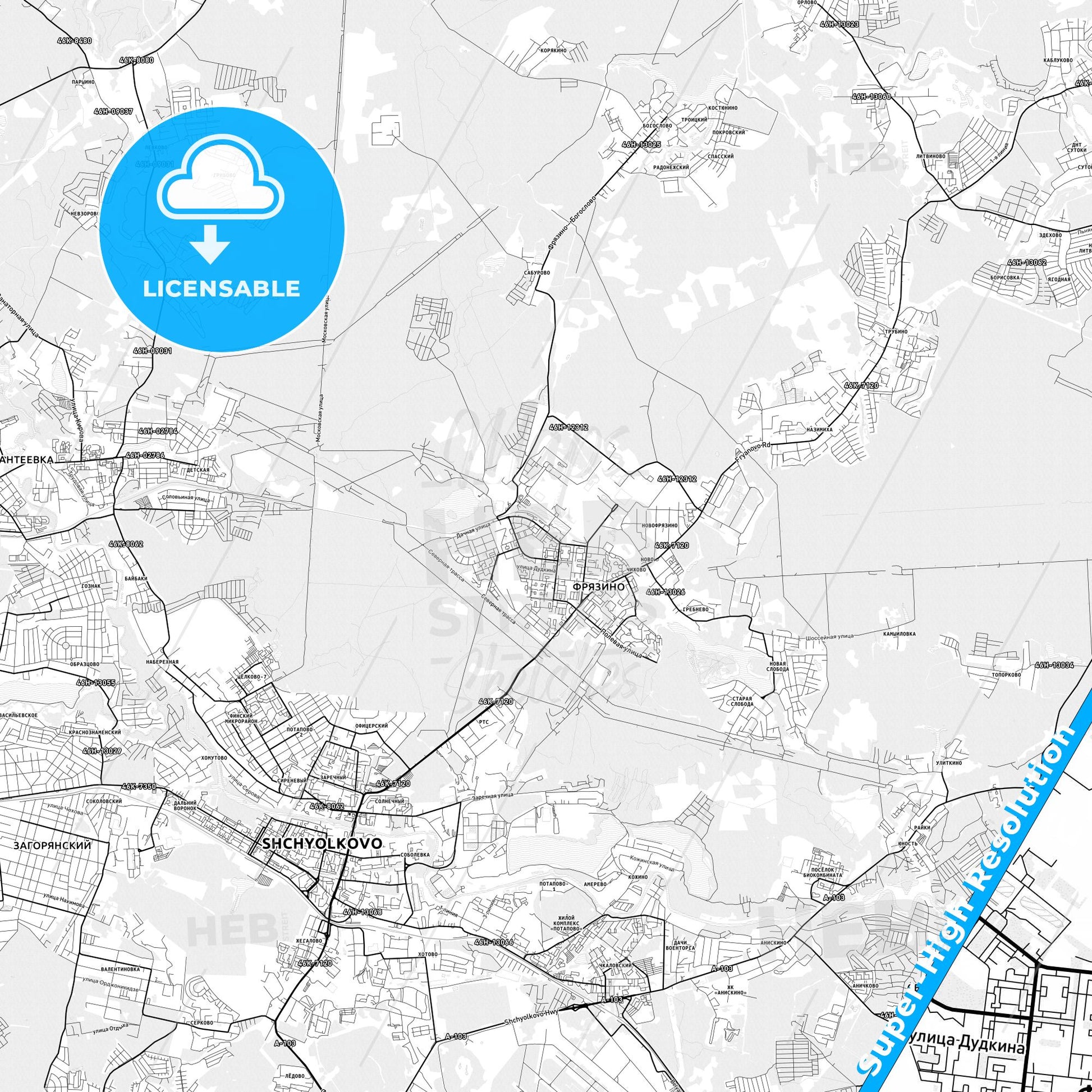 Fryazino, Russia light map with streetnames, citynames and districts