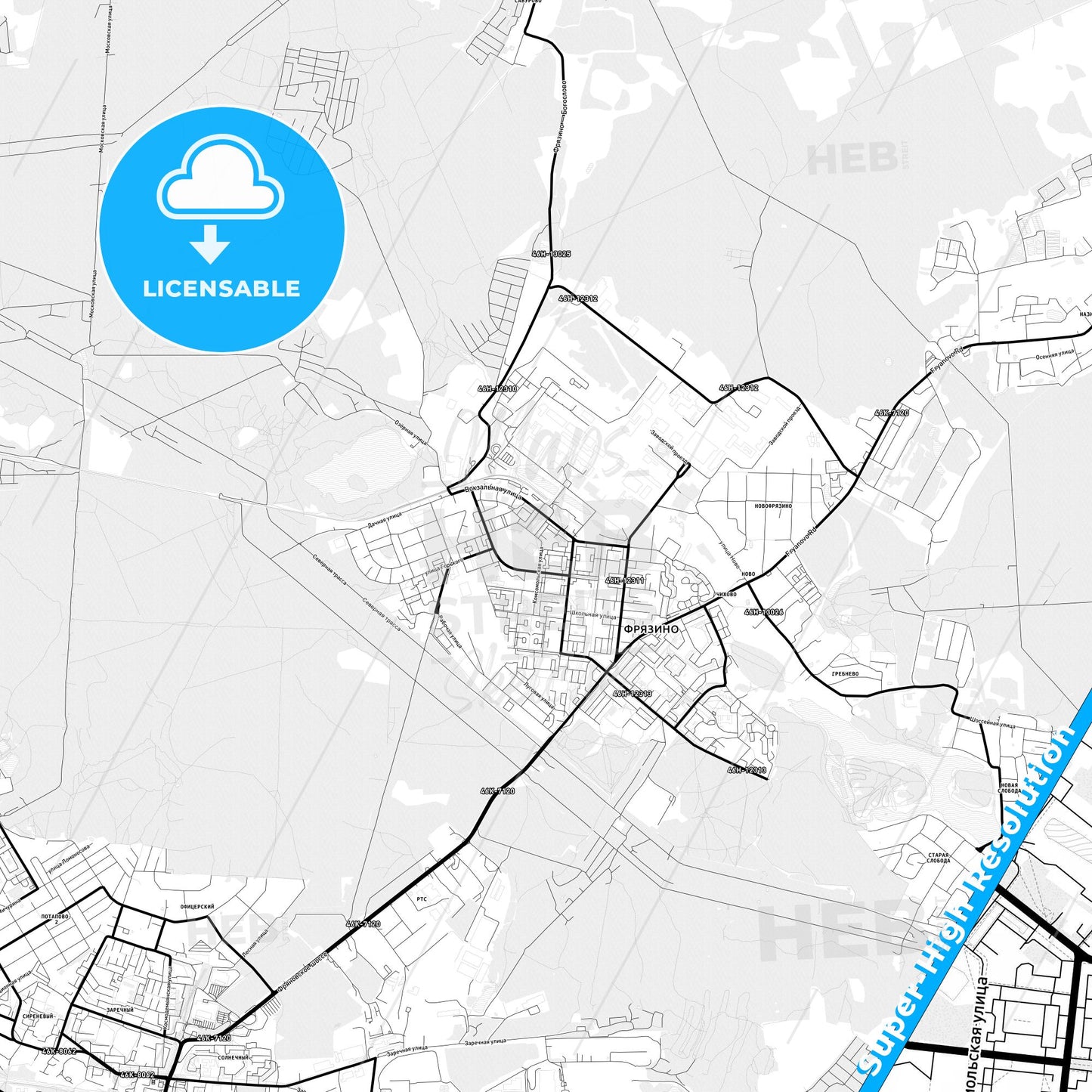 Fryazino, Russia Light Map with Street Names, City Names, and Districts
