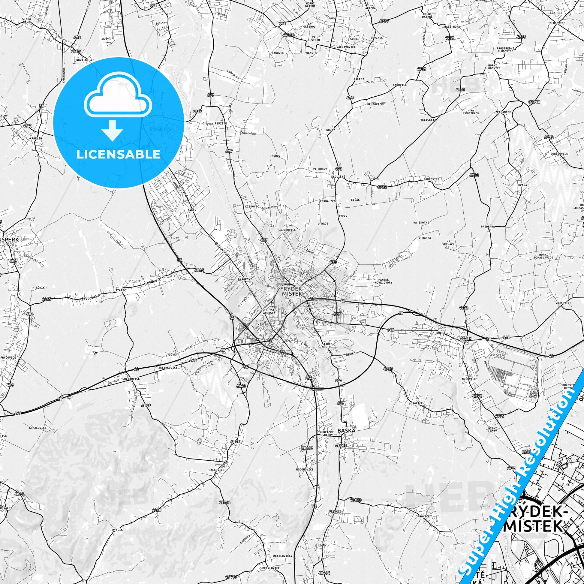 Frýdek-Místek, Czechia light map with streetnames, citynames and districts