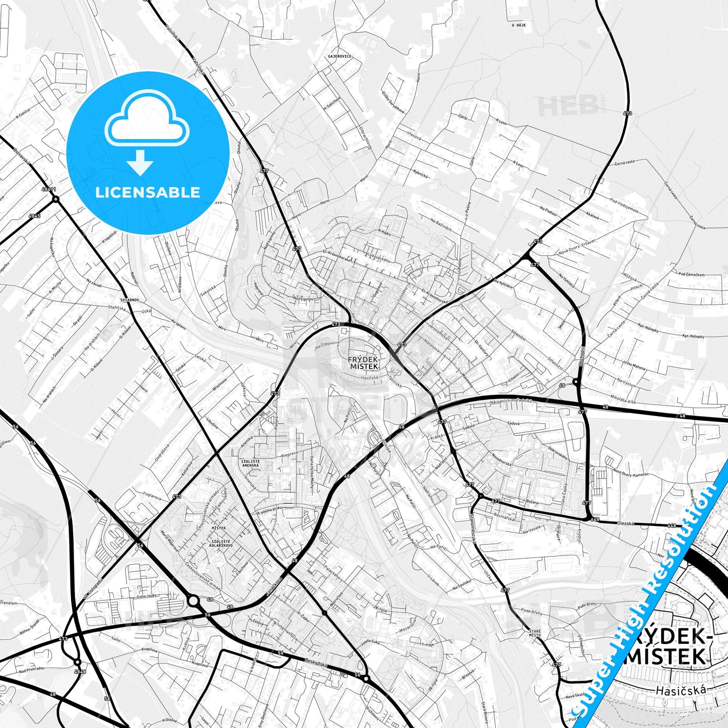 Frýdek-Místek, Czechia Light Map with Street Names, City Names, and Districts