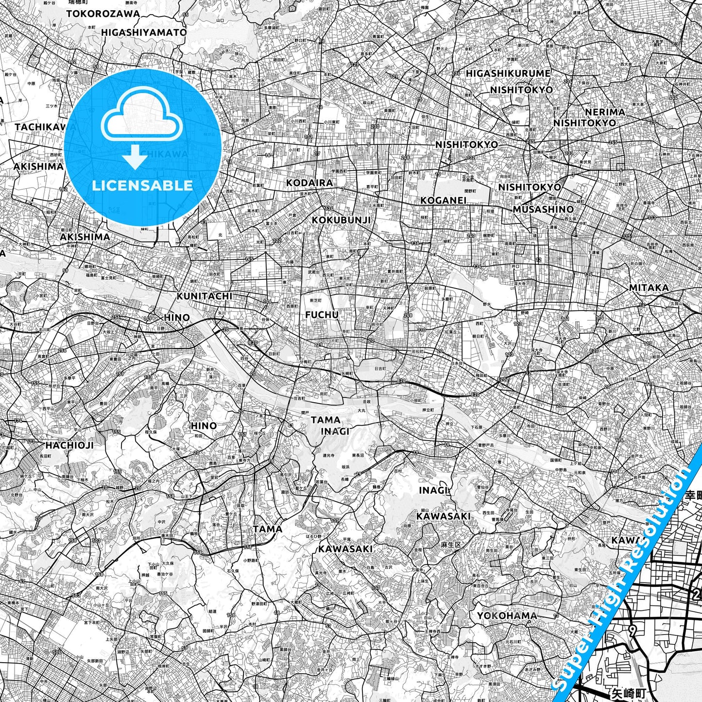 Fuchū, Japan light map with streetnames, citynames and districts