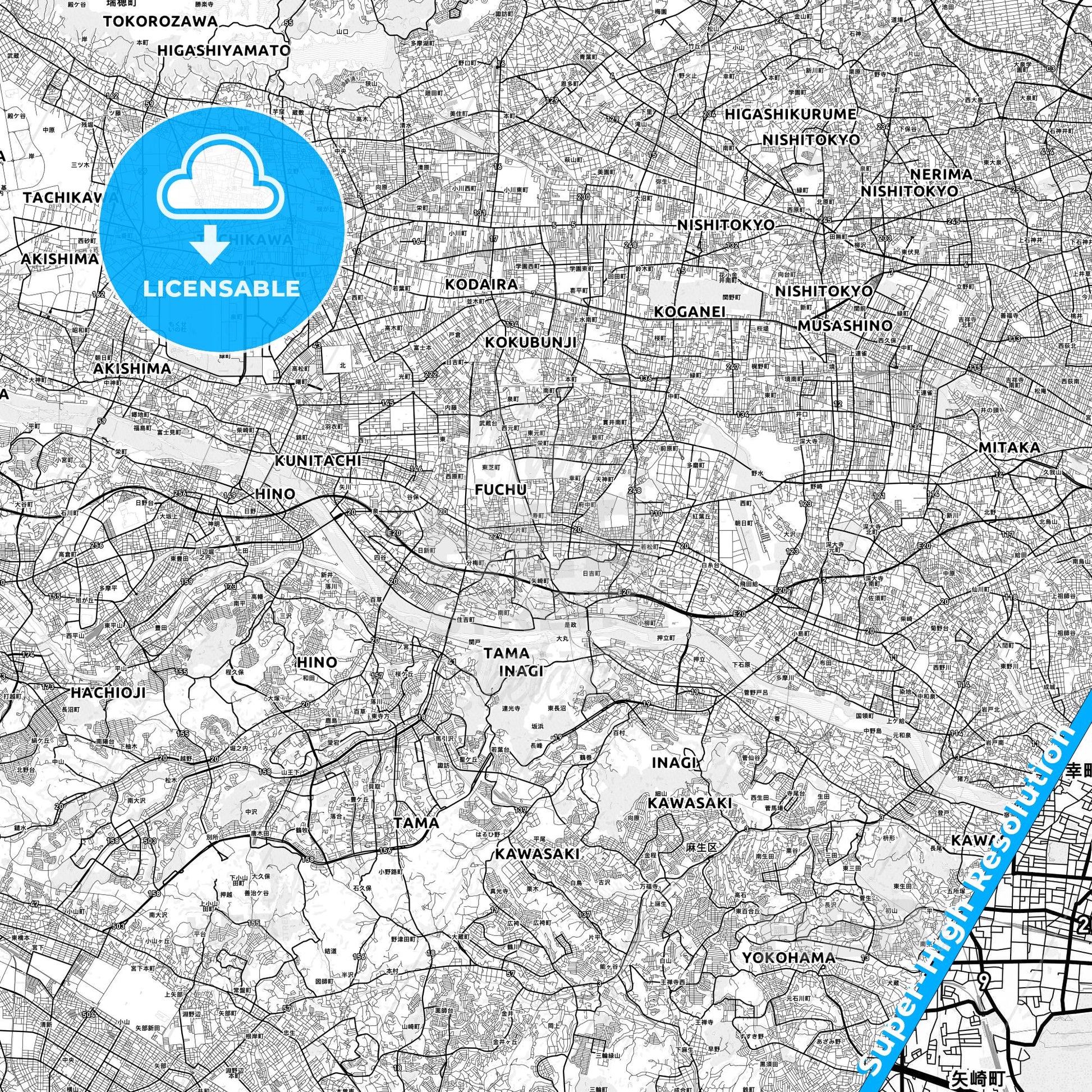 Fuchū, Japan light map with streetnames, citynames and districts