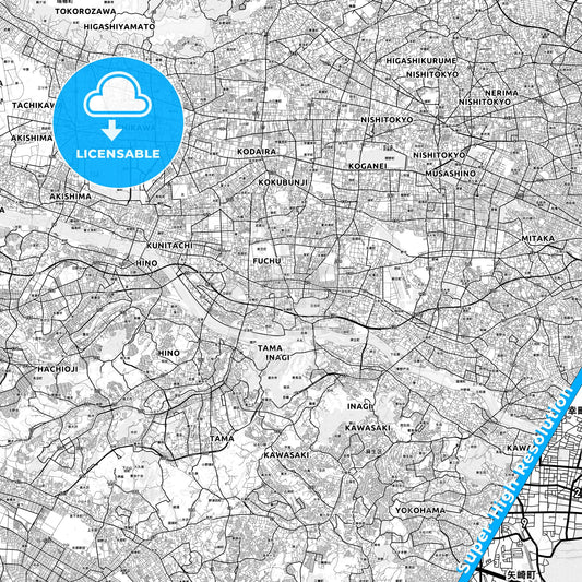 Fuchū, Japan light map with streetnames, citynames and districts