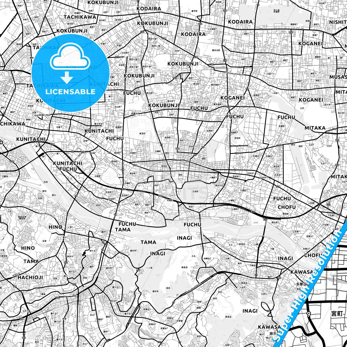 Fuchū, Japan Light Map with Street Names, City Names, and Districts