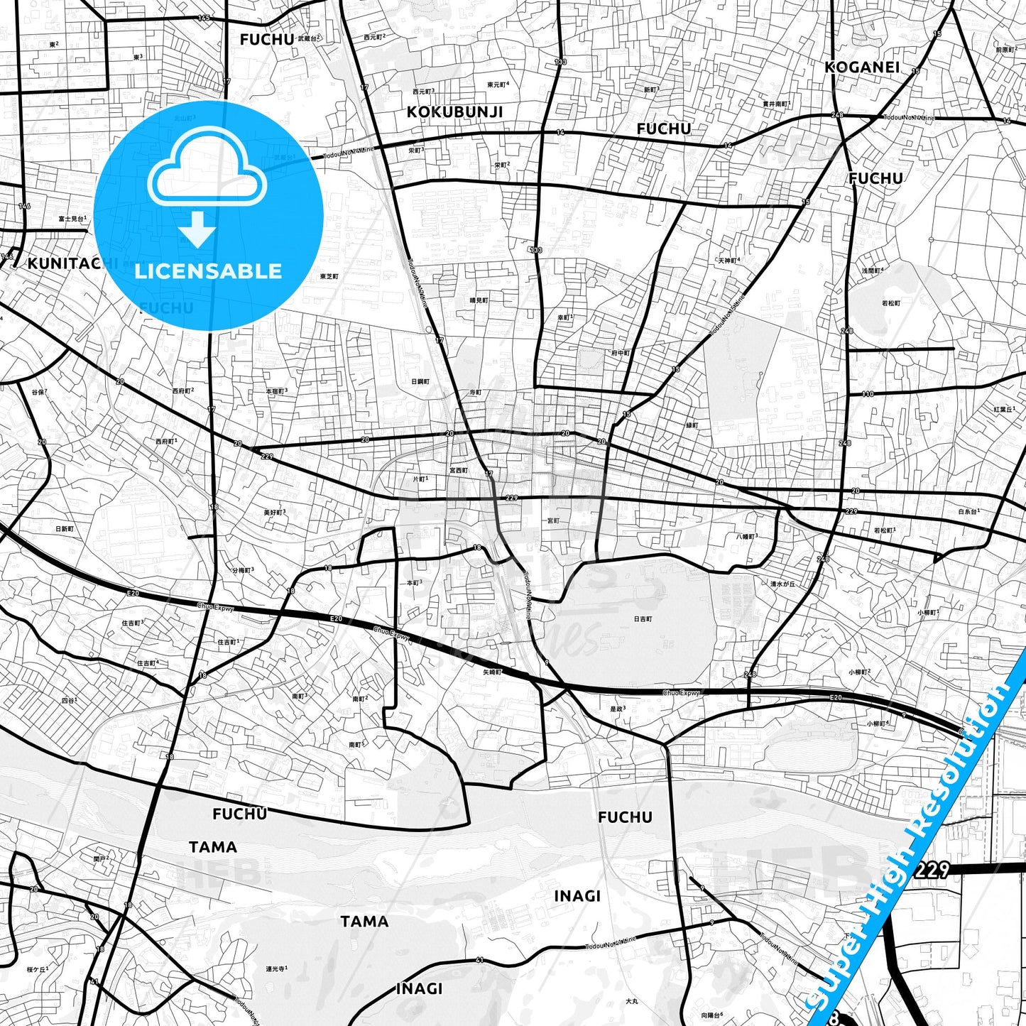 Fuchū, Japan Light Map with Street Names, City Names, and Districts