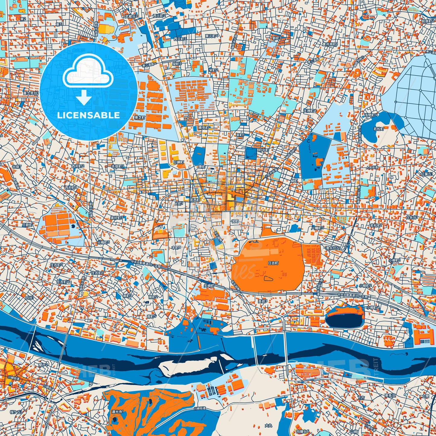 Colorful Fuchū Street Map with Labels and Buildings