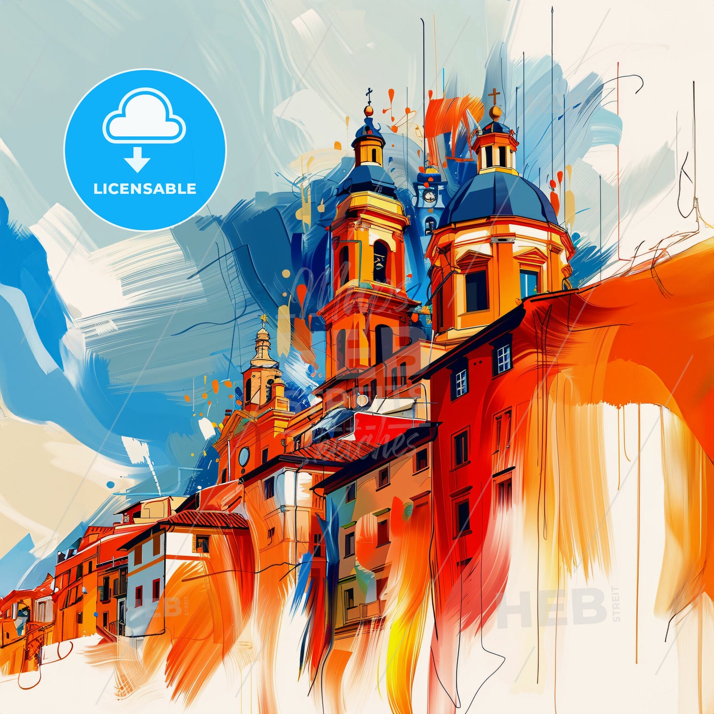 Vibrant Fuencarral-El Pardo, Spain - A Painting Of A Building With Blue Domes