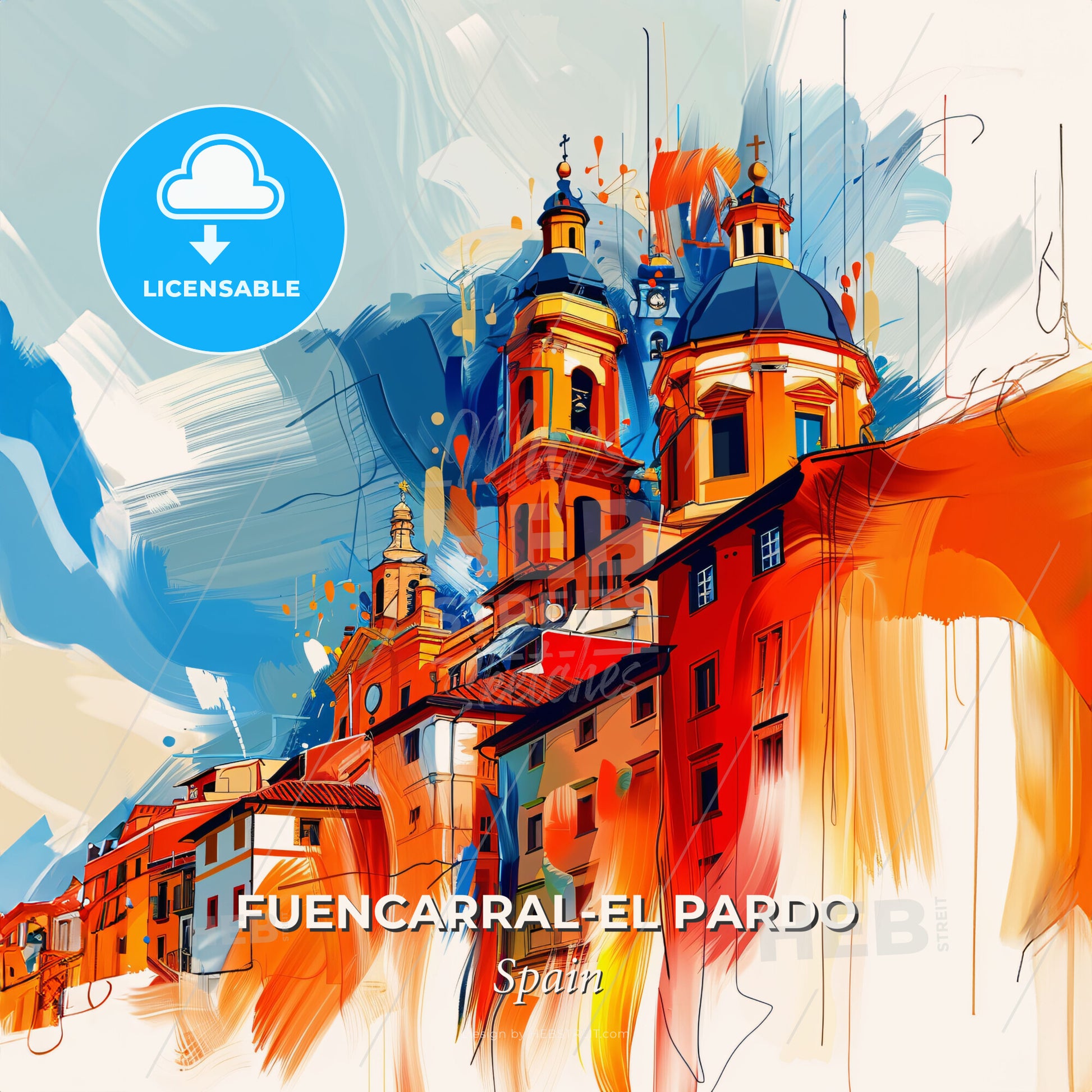 Vibrant Fuencarral-El Pardo, Spain - A Painting Of A Building With Blue Domes - Square format print template