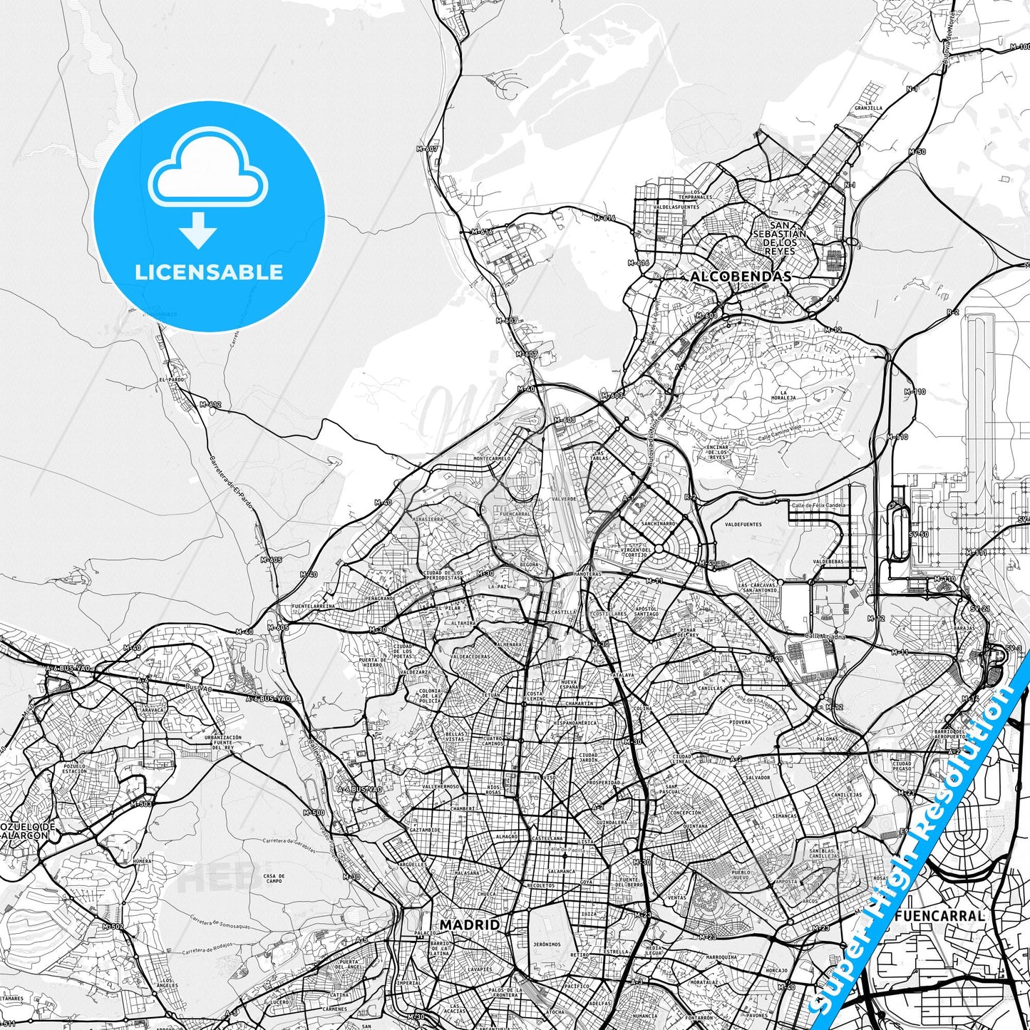 Fuencarral-El Pardo, Spain light map with streetnames, citynames and districts