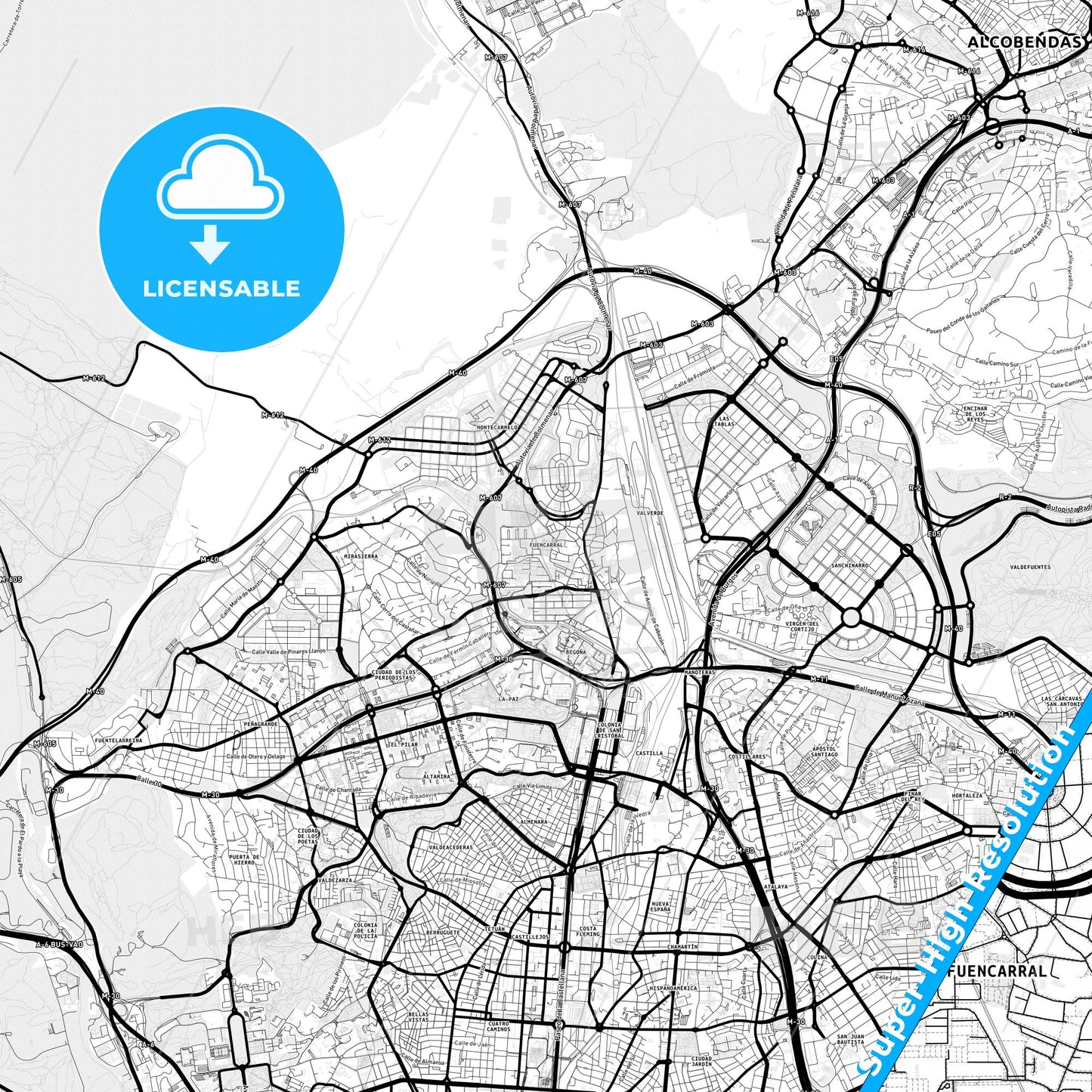 Fuencarral-El Pardo, Spain Light Map with Street Names, City Names, and Districts