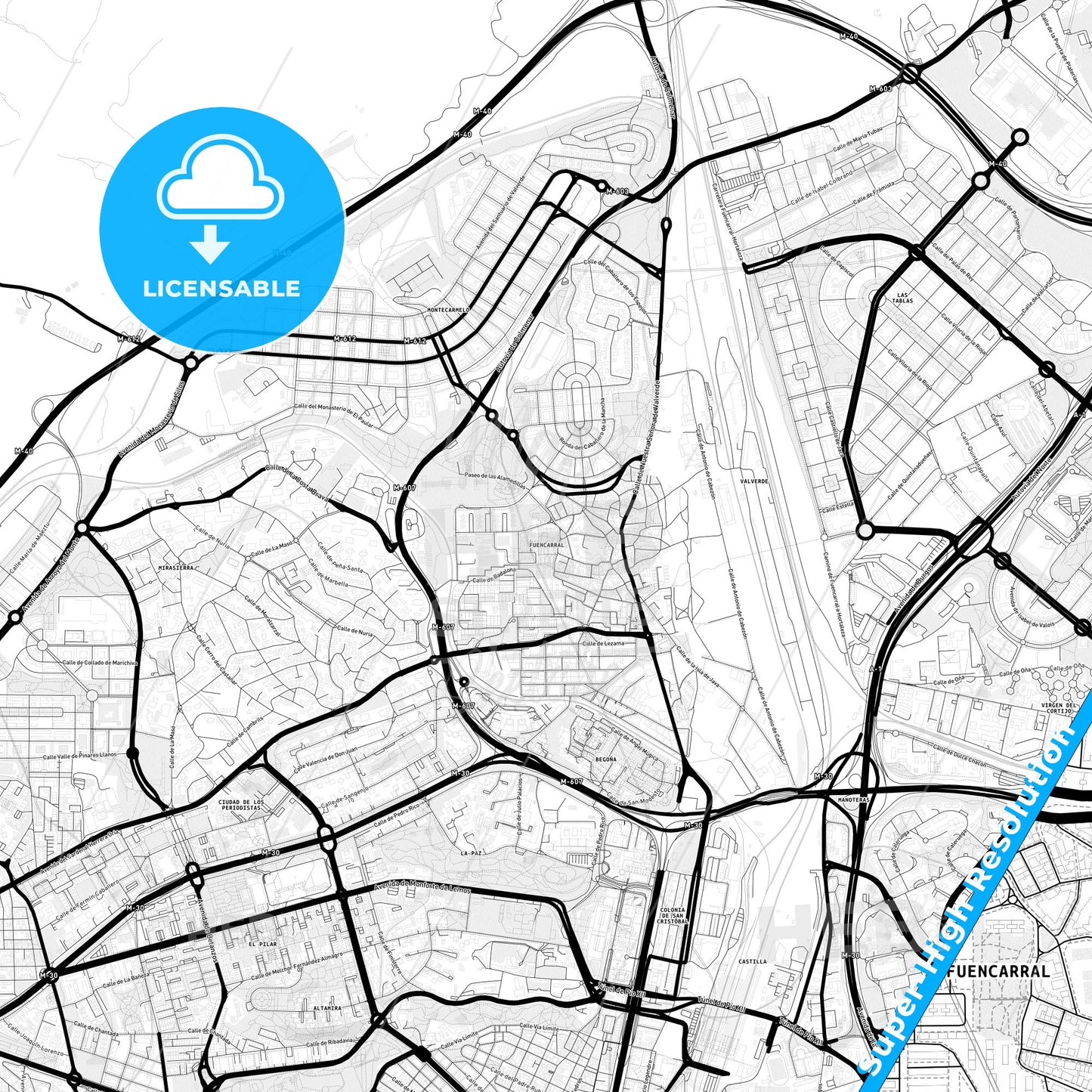 Fuencarral-El Pardo, Spain Light Map with Street Names, City Names, and Districts