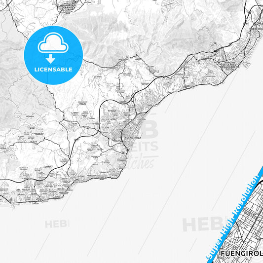 Fuengirola, Spain light map with streetnames, citynames and districts