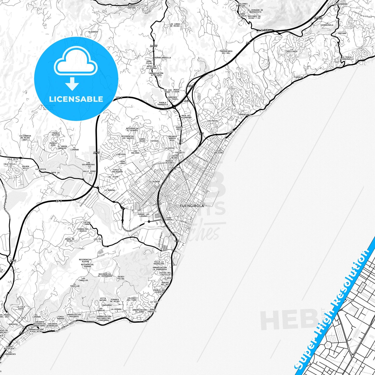 Fuengirola, Spain Light Map with Street Names, City Names, and Districts