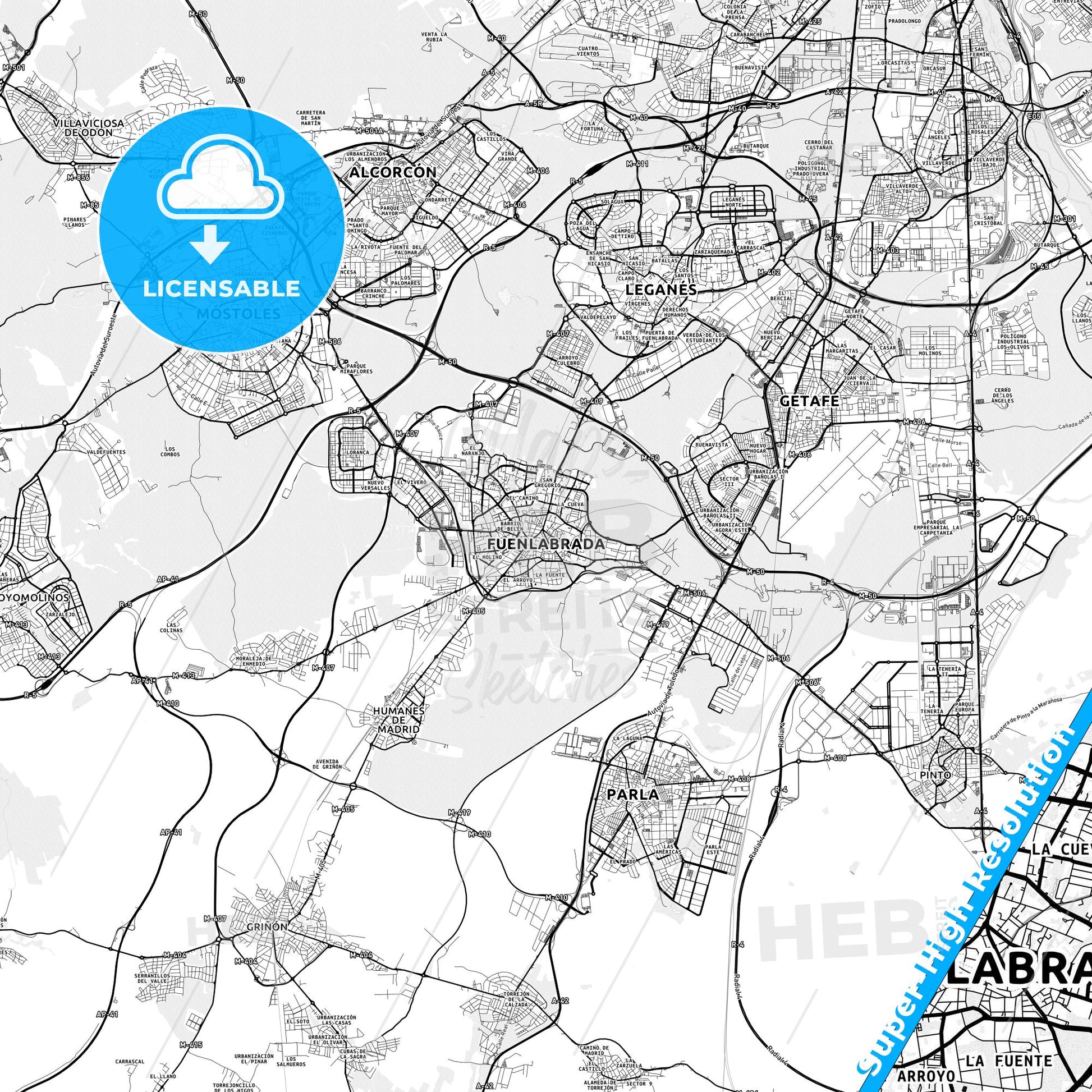 Fuenlabrada, Spain light map with streetnames, citynames and districts