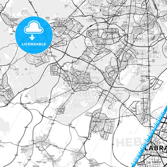 Fuenlabrada, Spain light map with streetnames, citynames and districts