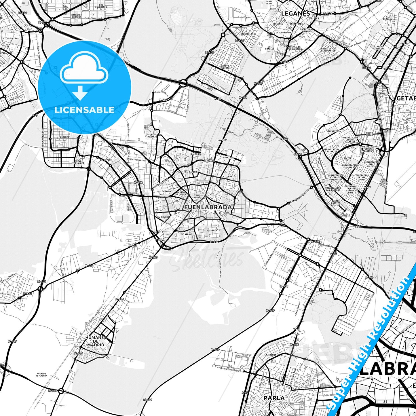 Fuenlabrada, Spain Light Map with Street Names, City Names, and Districts