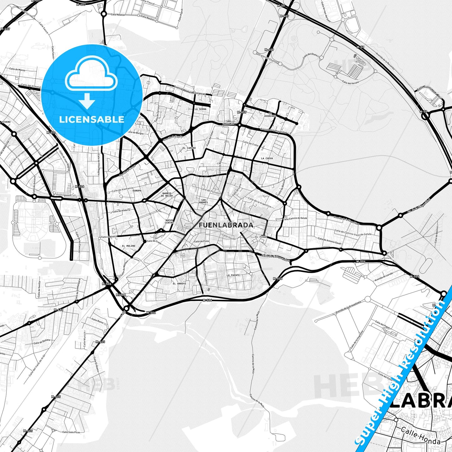 Fuenlabrada, Spain Light Map with Street Names, City Names, and Districts