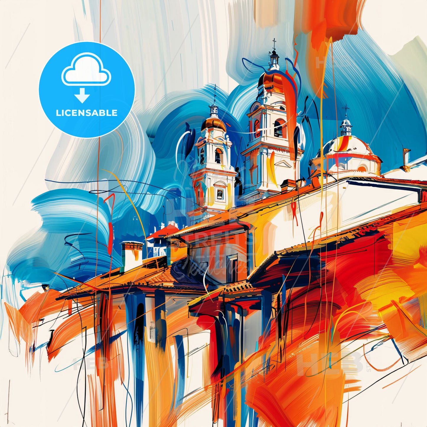 Vibrant Fuenlabrada, Spain - A Painting Of A Building With Towers And A Blue And Orange Sky