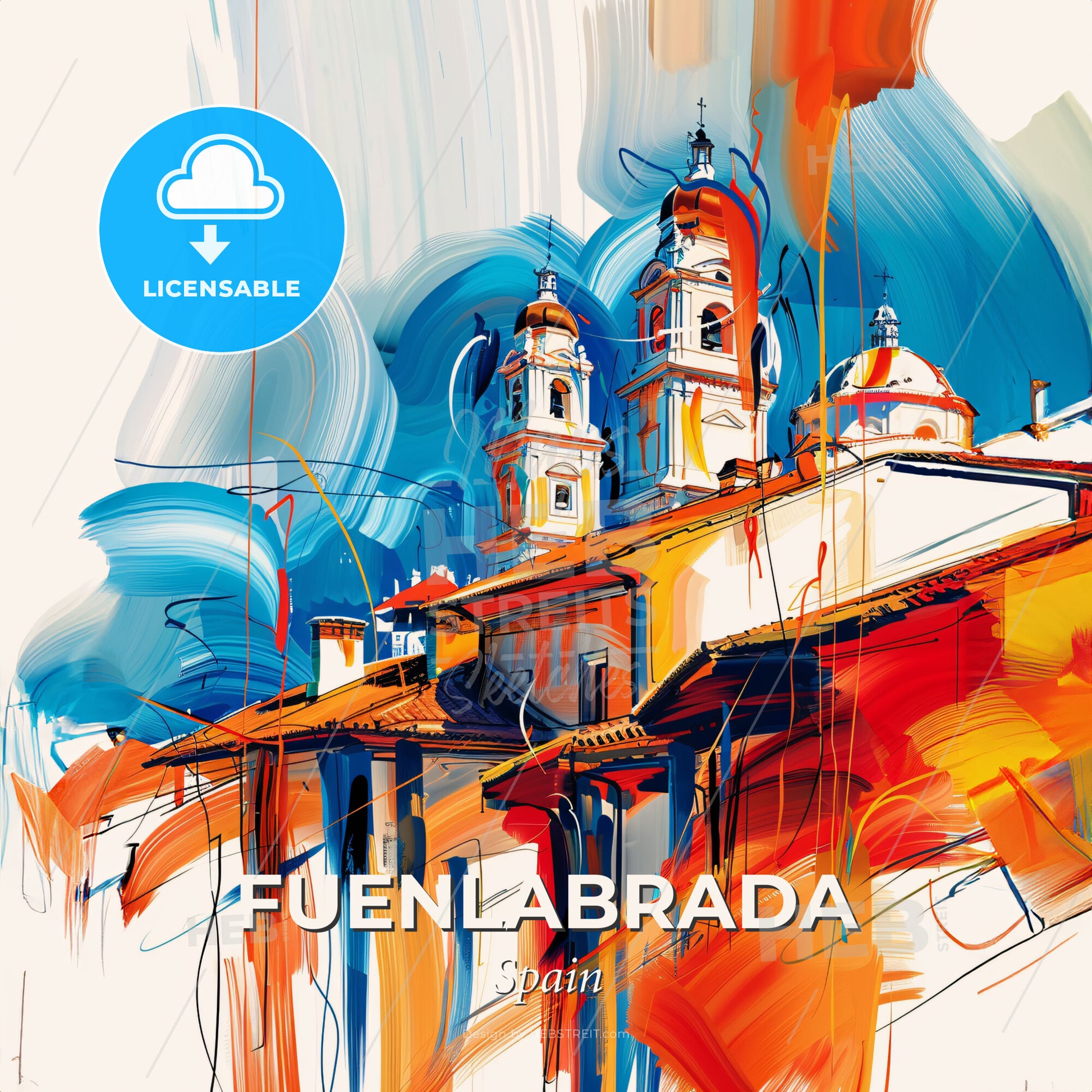 Vibrant Fuenlabrada, Spain - A Painting Of A Building With Towers And A Blue And Orange Sky - Square format print template