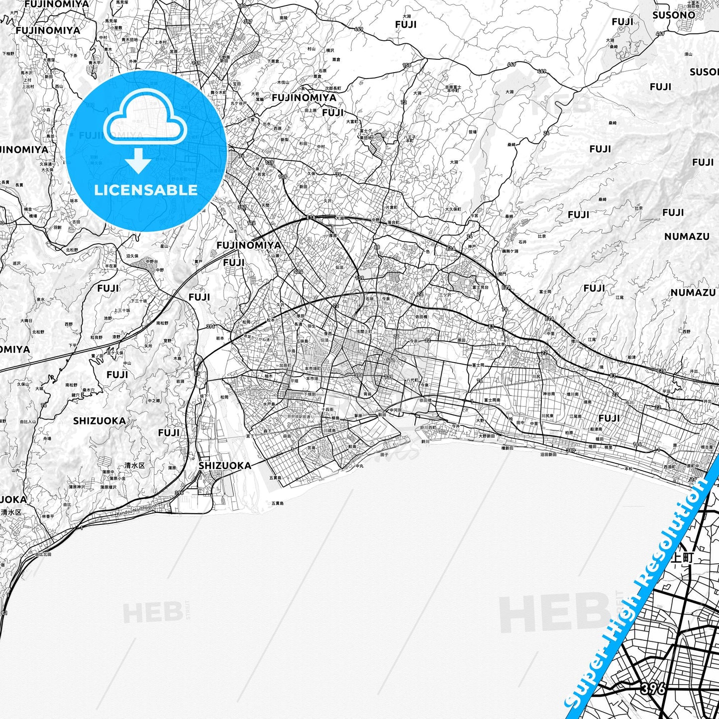 Fuji, Japan light map with streetnames, citynames and districts