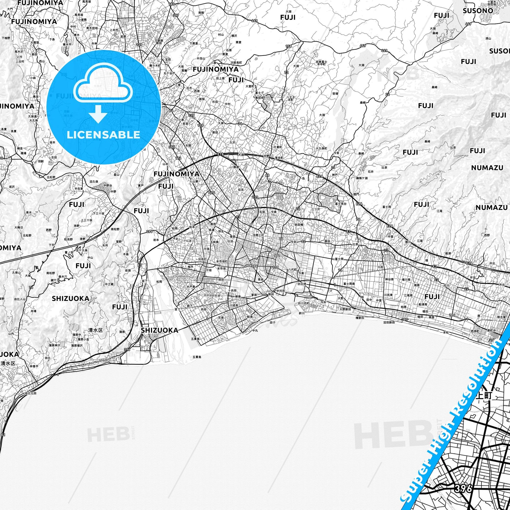 Fuji, Japan light map with streetnames, citynames and districts