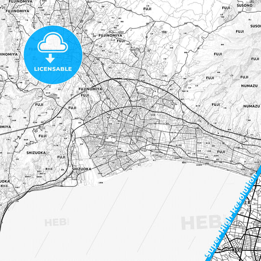 Fuji, Japan light map with streetnames, citynames and districts