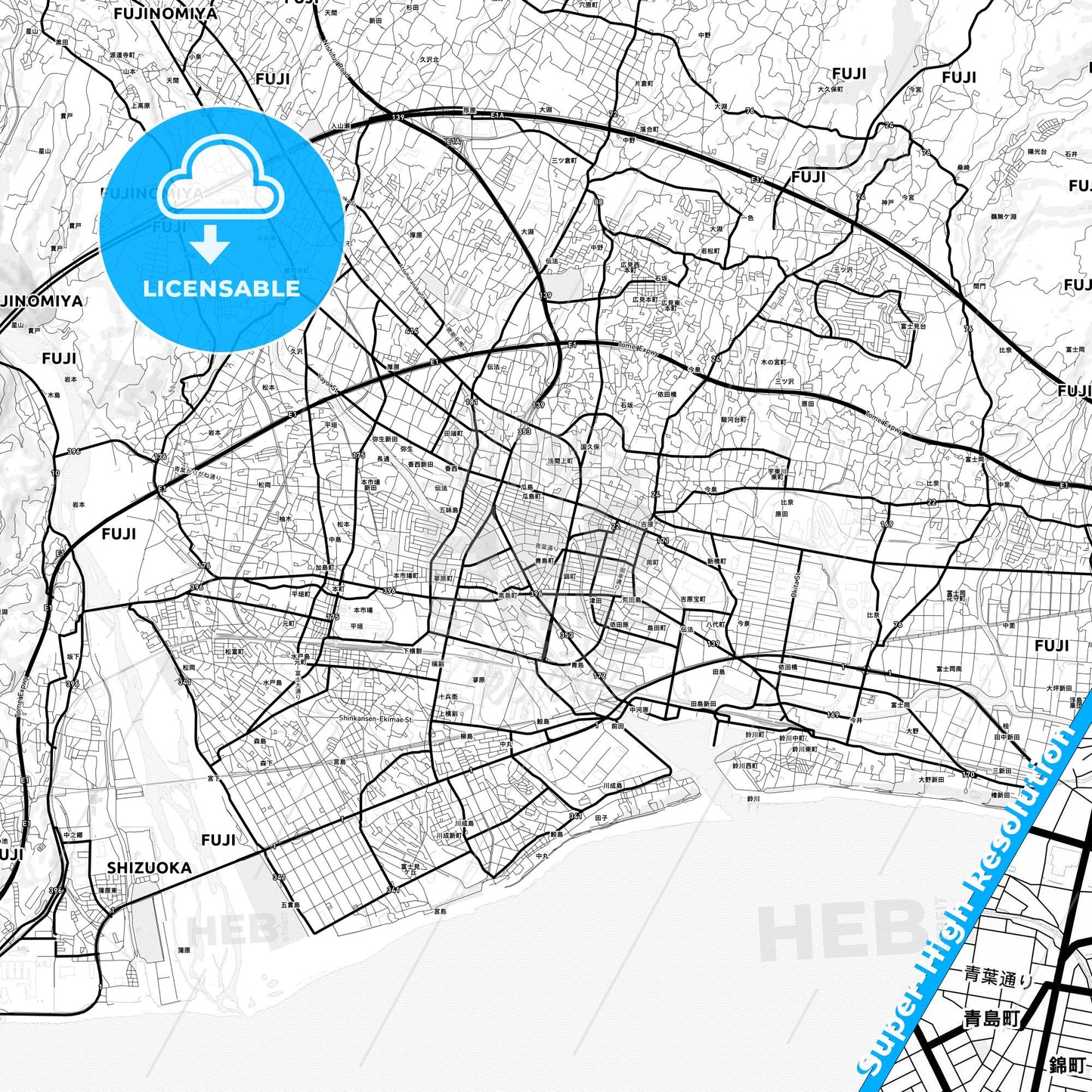 Fuji, Japan Light Map with Street Names, City Names, and Districts