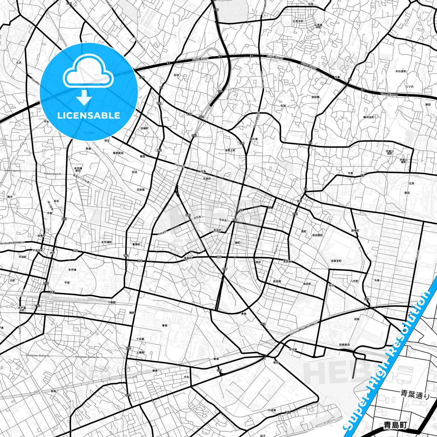 Fuji, Japan Light Map with Street Names, City Names, and Districts