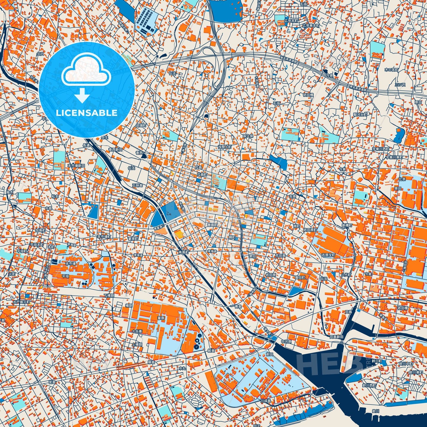 Colorful Fuji Street Map with Labels and Buildings
