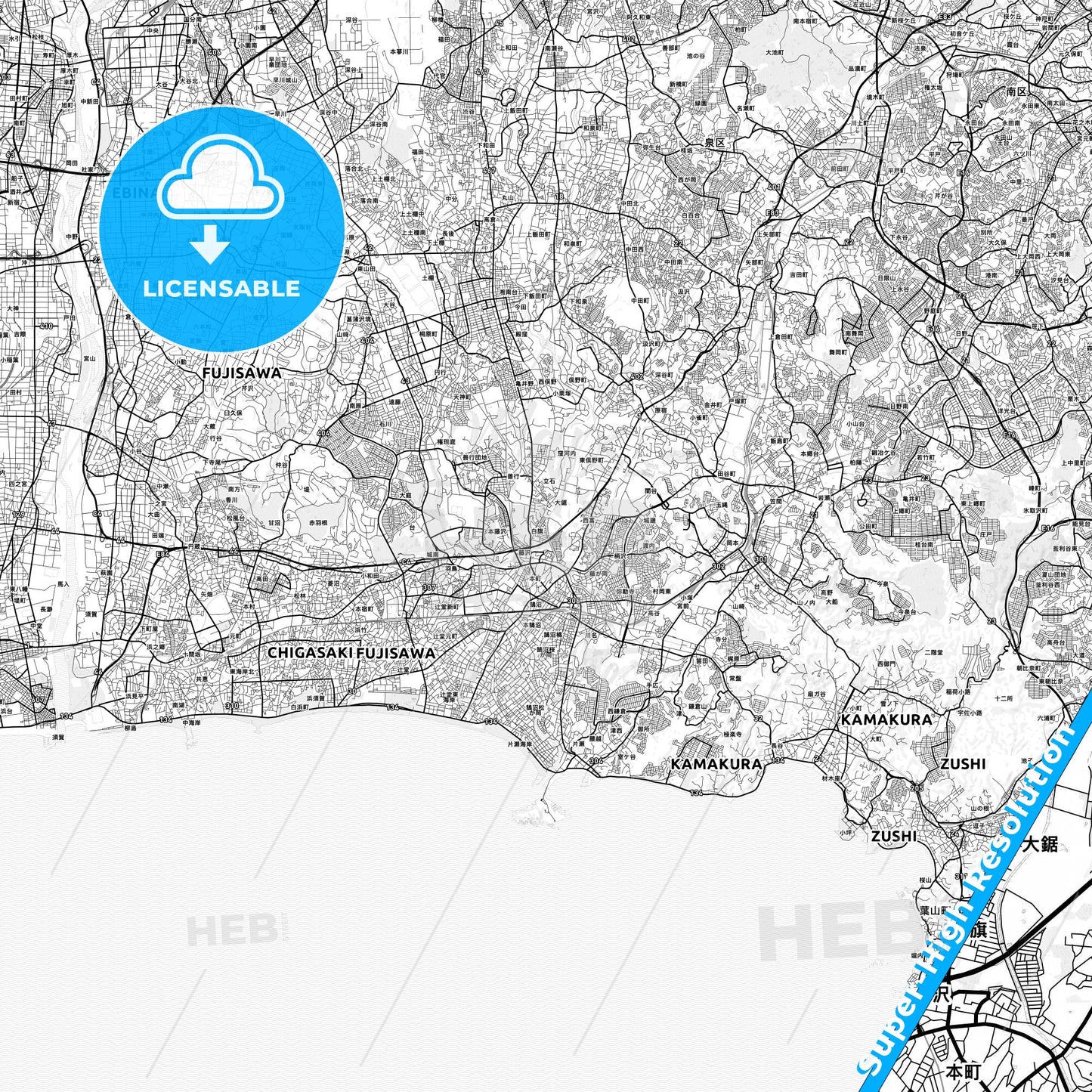 Fujisawa, Japan light map with streetnames, citynames and districts