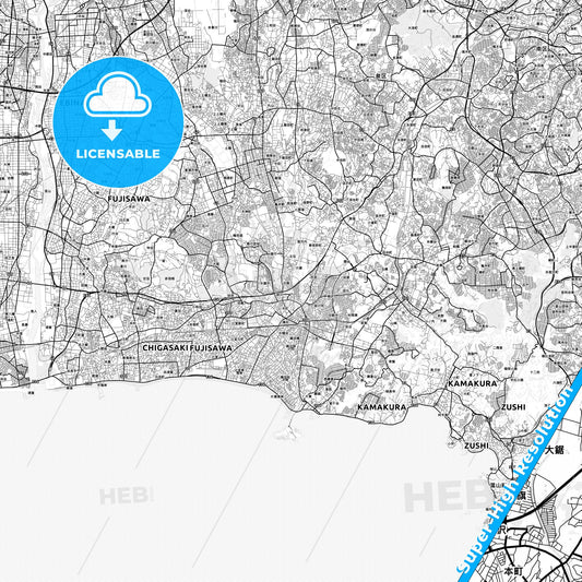 Fujisawa, Japan light map with streetnames, citynames and districts