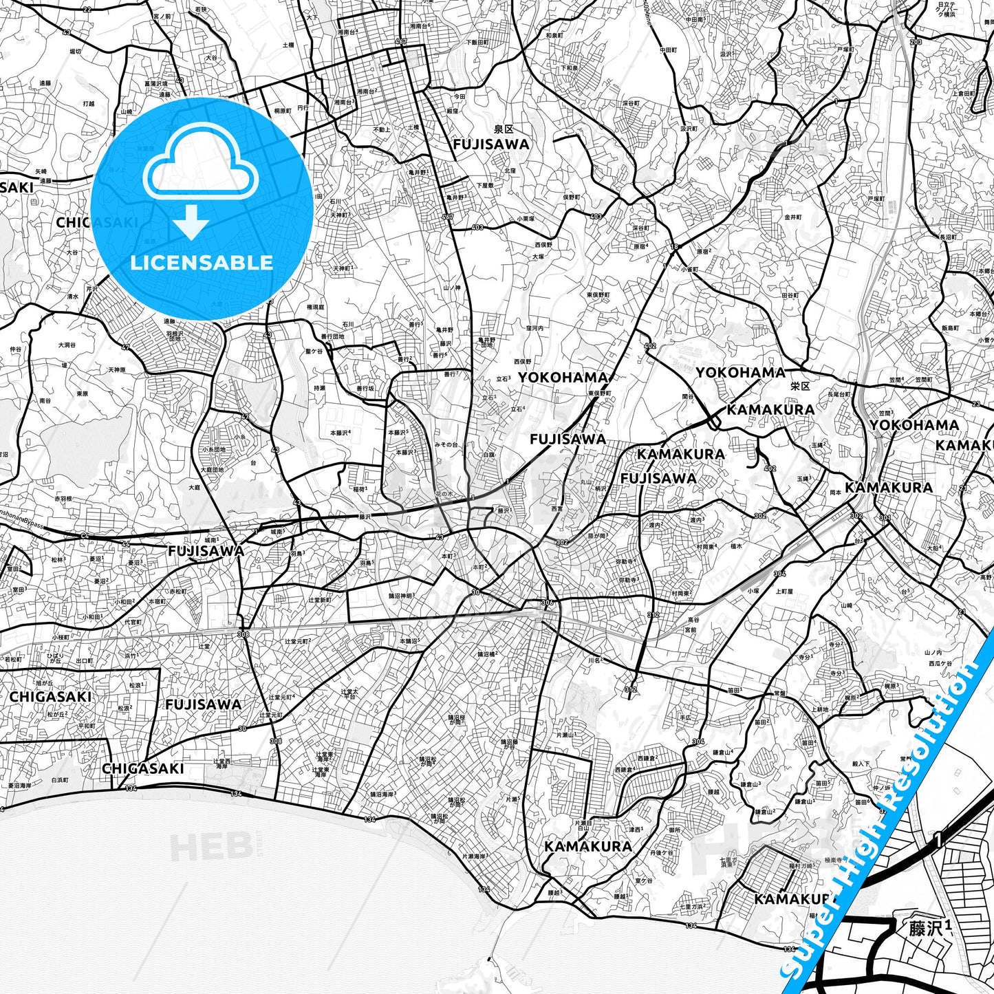 Fujisawa, Japan Light Map with Street Names, City Names, and Districts