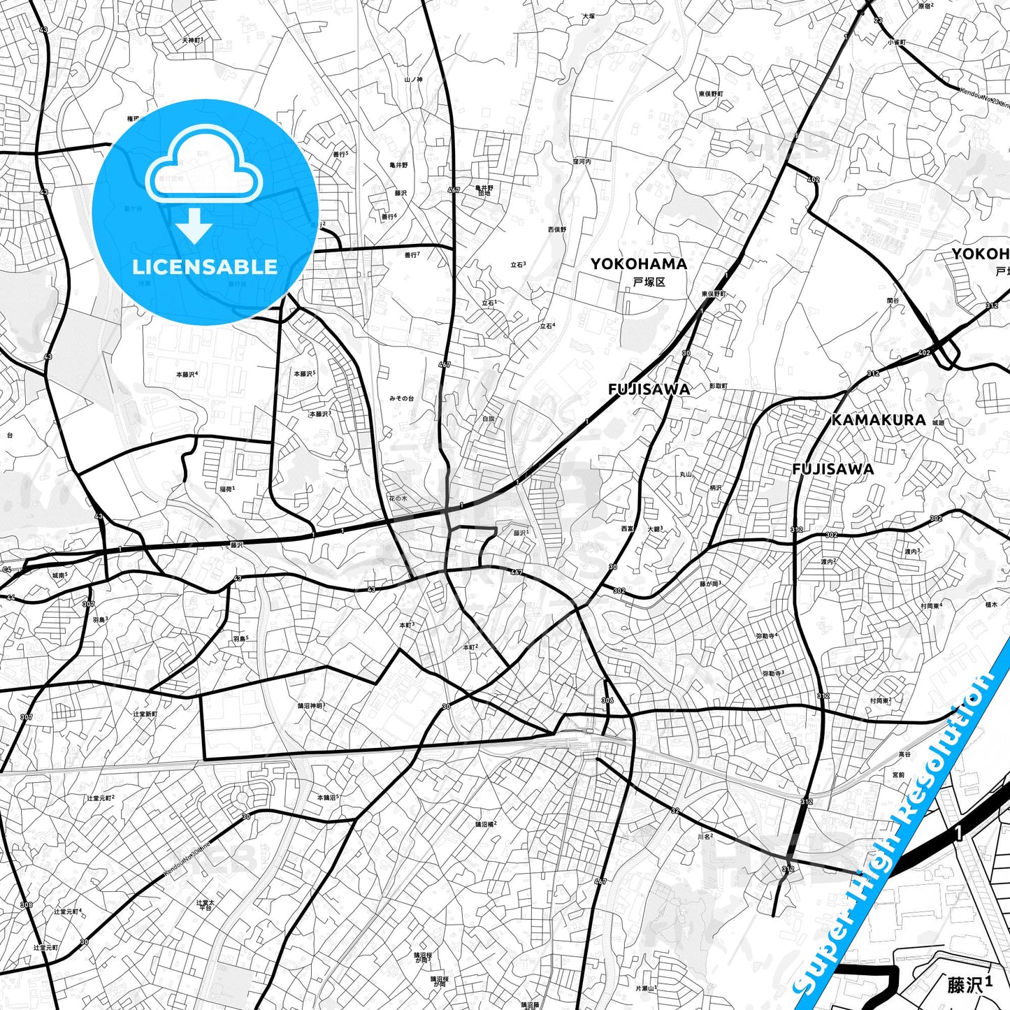 Fujisawa, Japan Light Map with Street Names, City Names, and Districts
