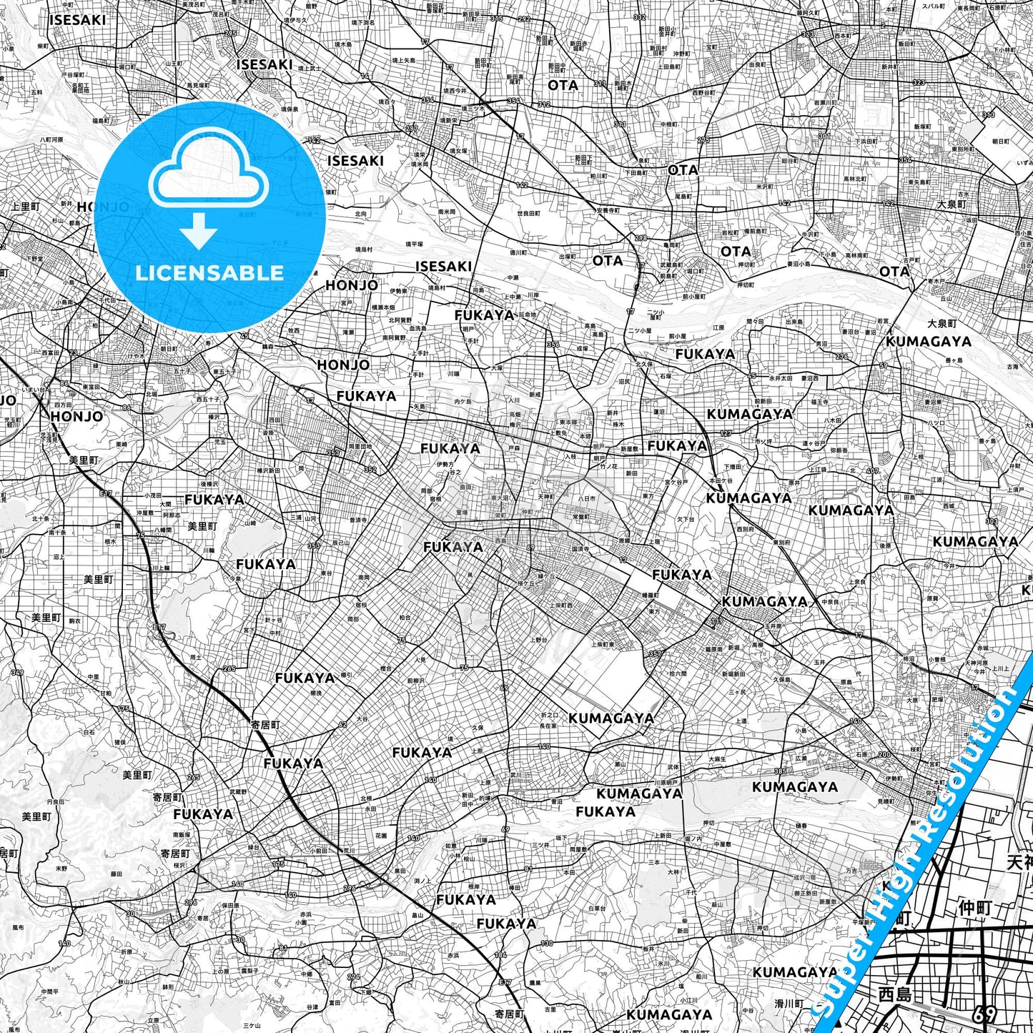 Fukaya, Japan light map with streetnames, citynames and districts