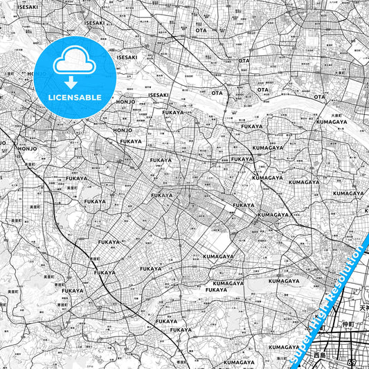 Fukaya, Japan light map with streetnames, citynames and districts