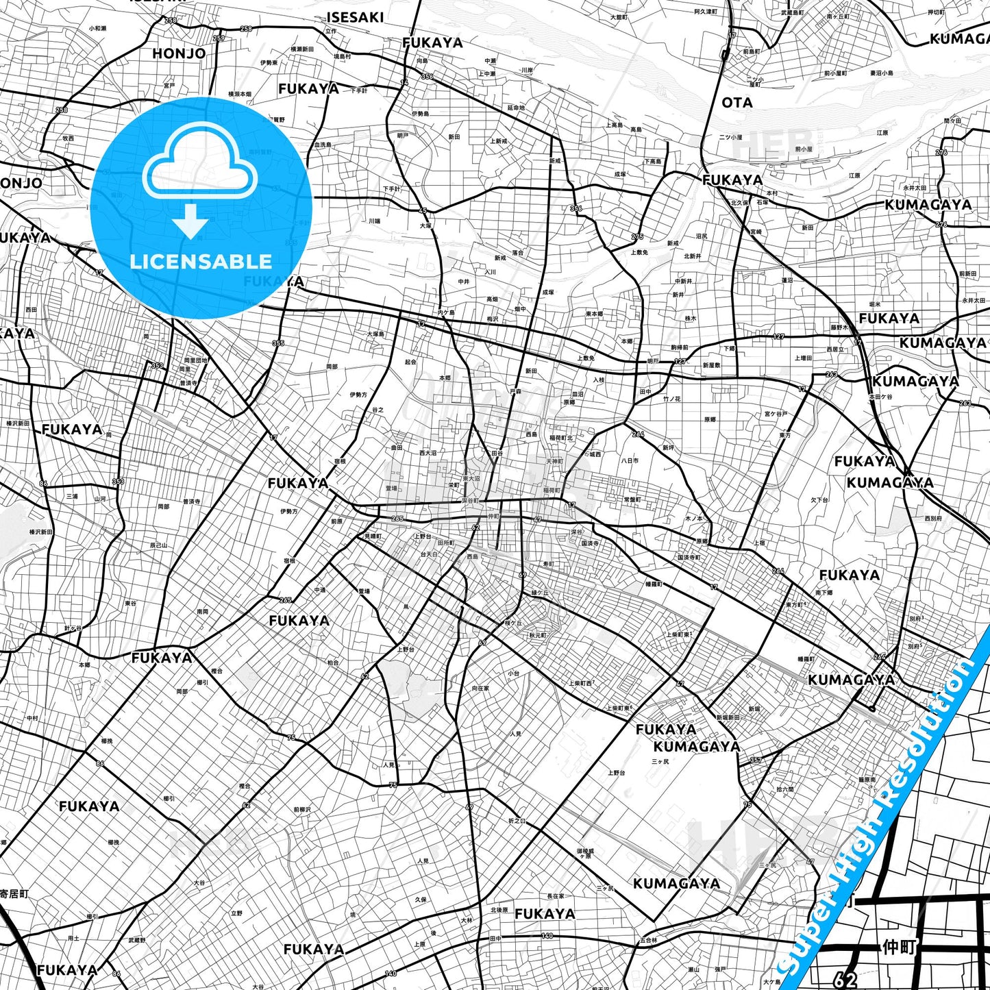 Fukaya, Japan Light Map with Street Names, City Names, and Districts