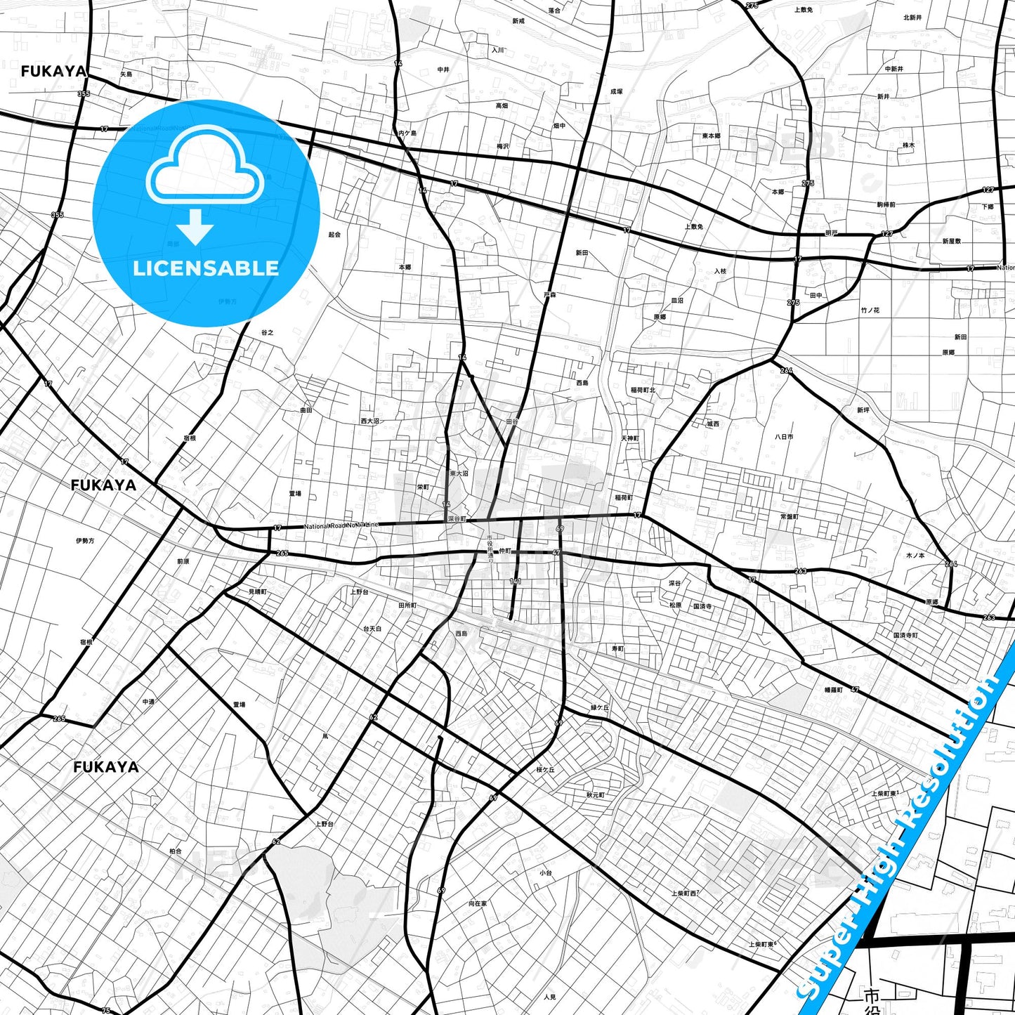 Fukaya, Japan Light Map with Street Names, City Names, and Districts