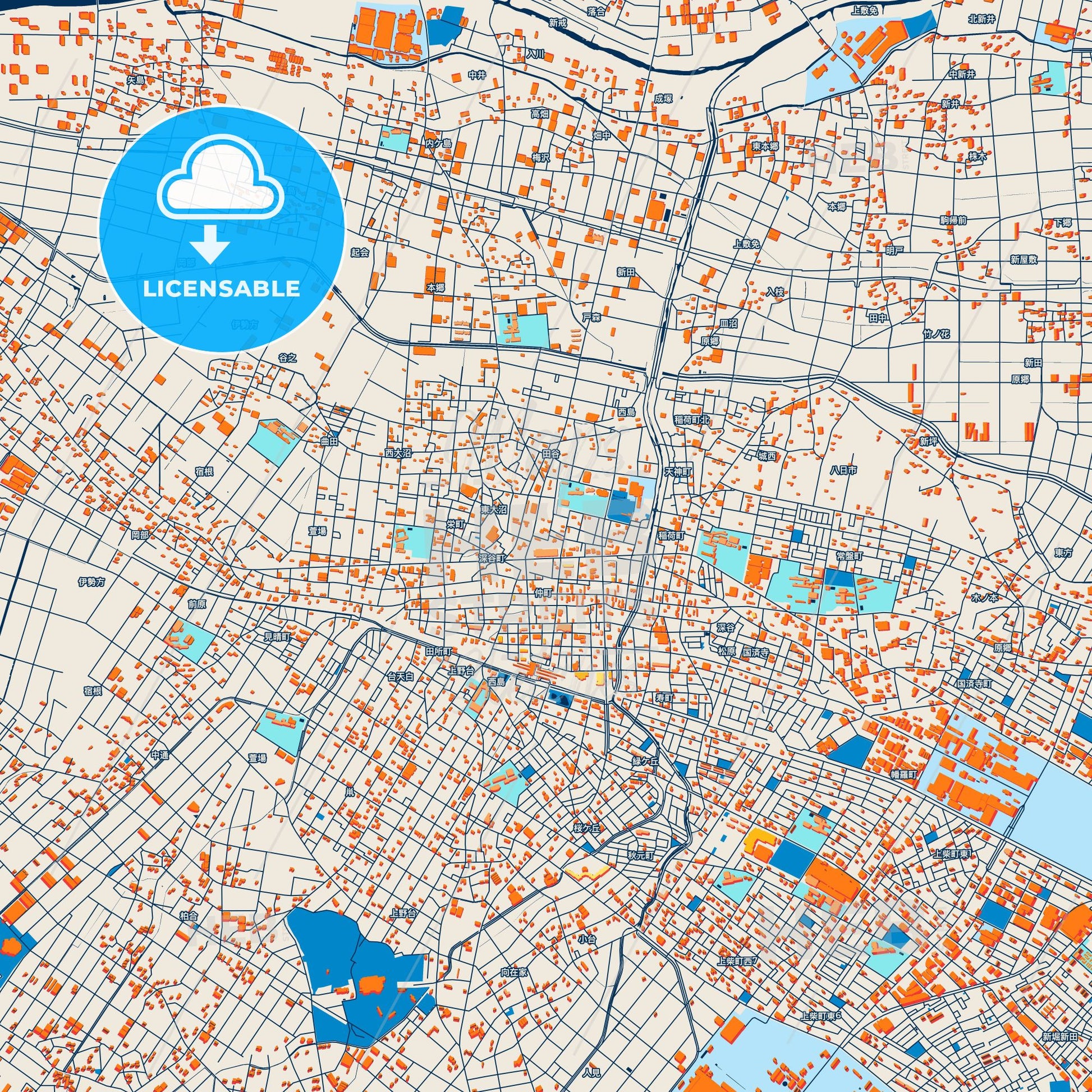 Colorful Fukaya Street Map with Labels and Buildings