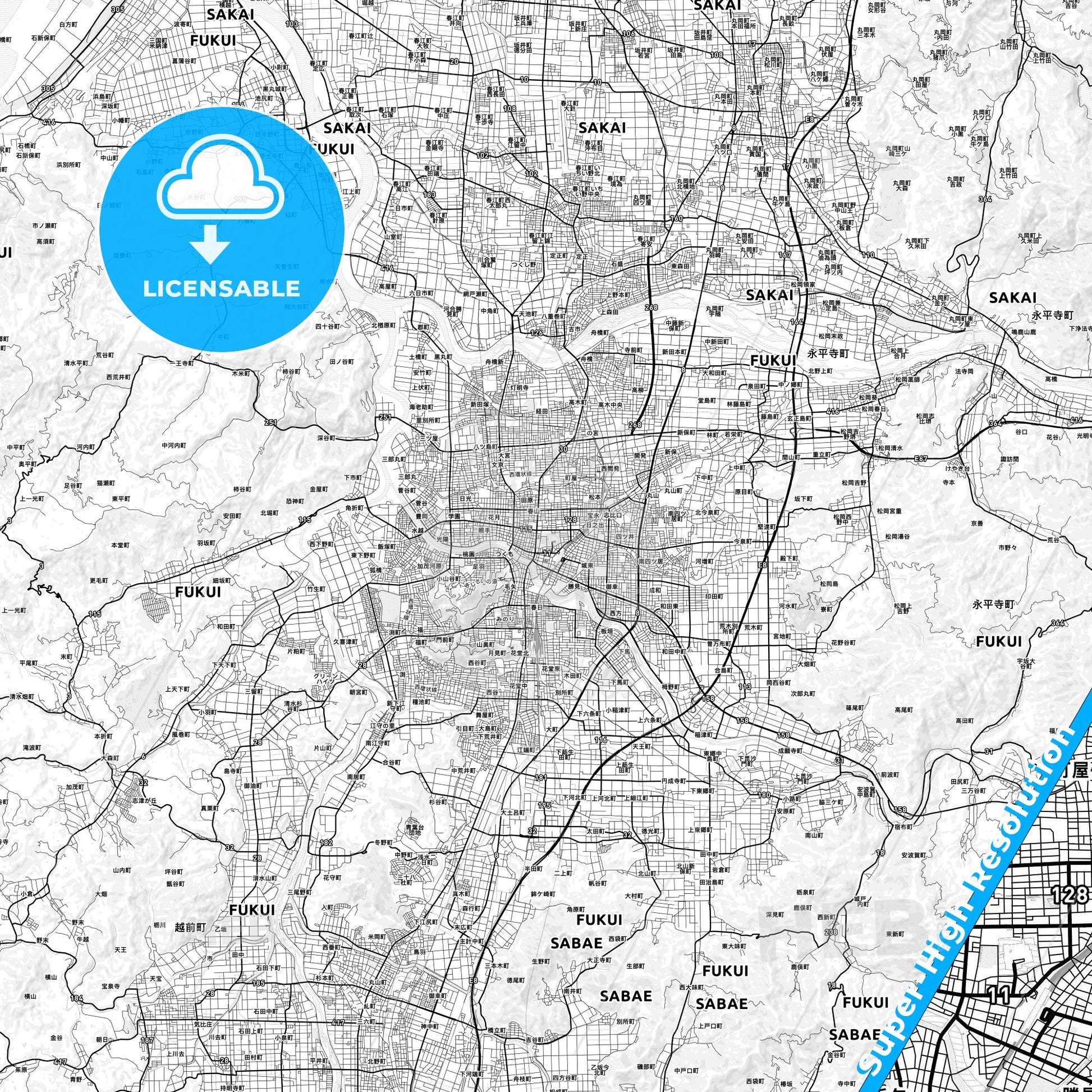 Fukui, Japan light map with streetnames, citynames and districts