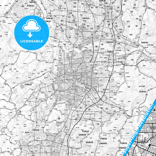 Fukui, Japan light map with streetnames, citynames and districts