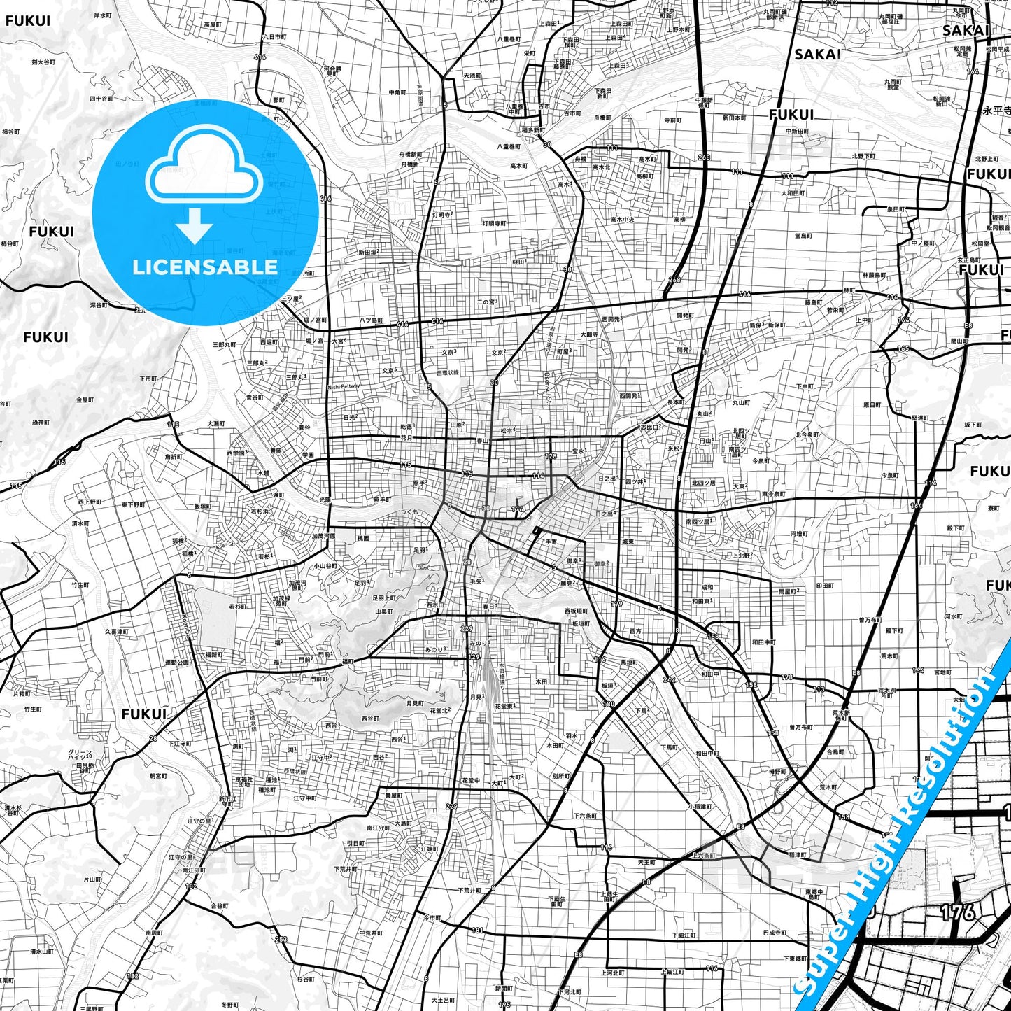 Fukui, Japan Light Map with Street Names, City Names, and Districts
