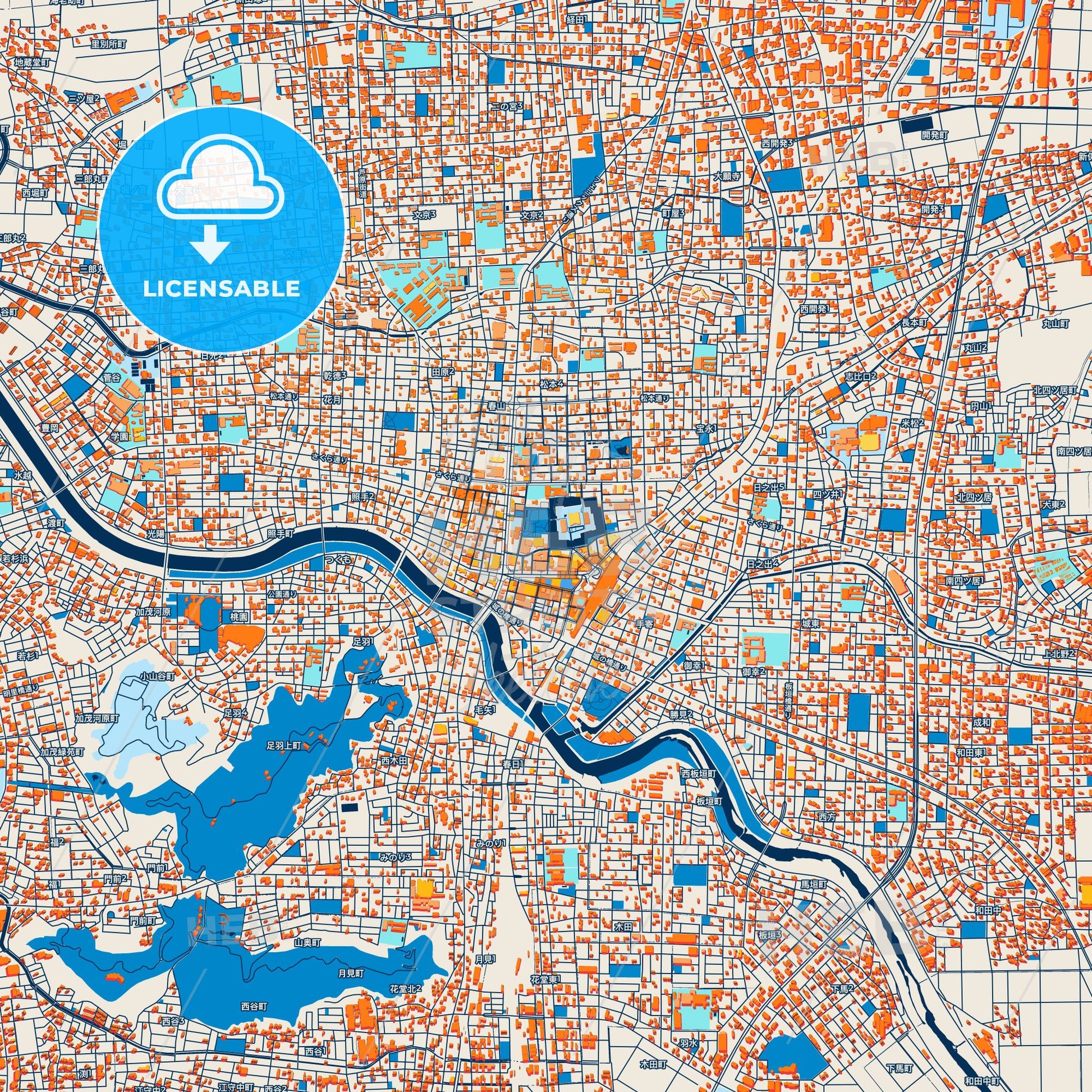 Colorful Fukui Street Map with Labels and Buildings
