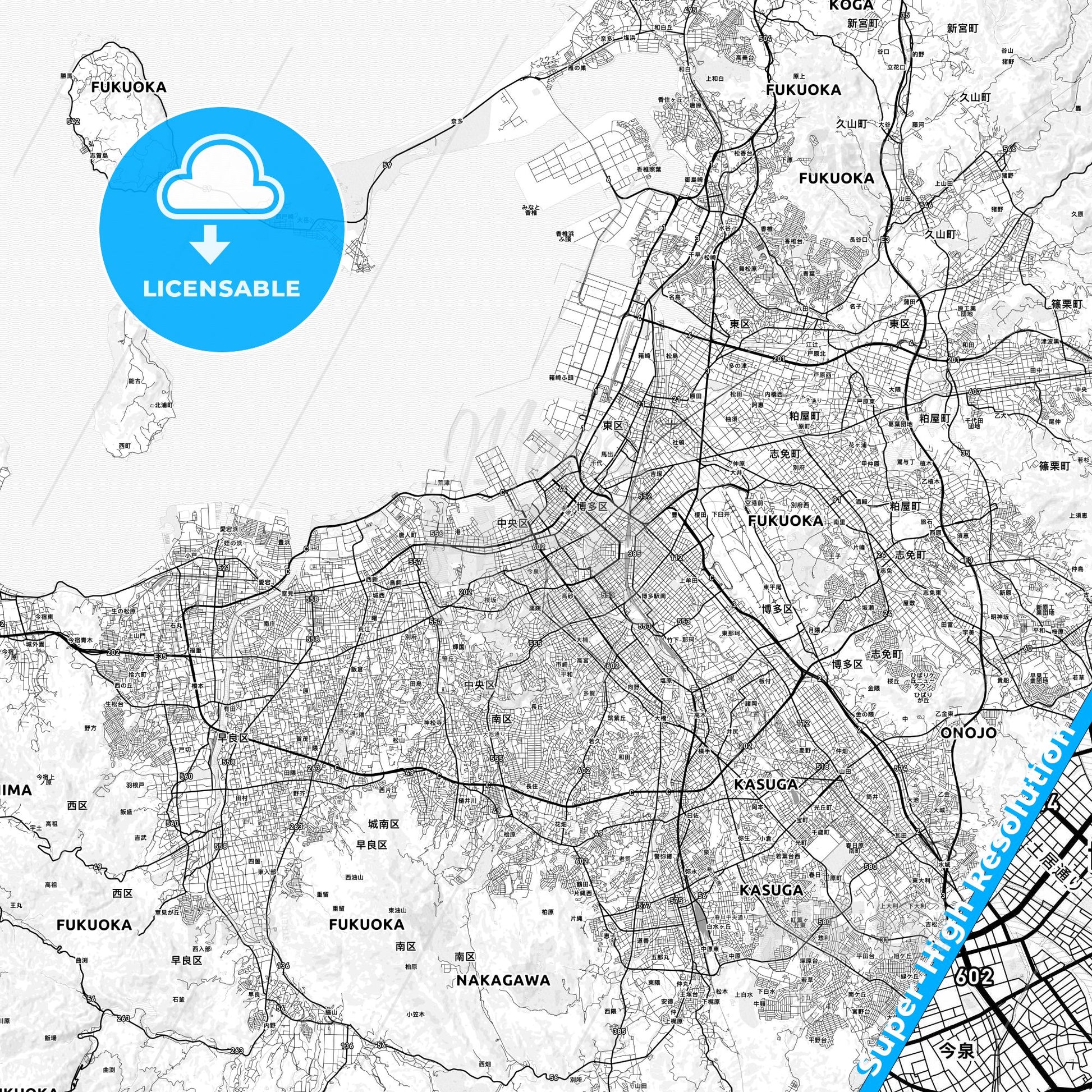 Fukuoka, Japan light map with streetnames, citynames and districts
