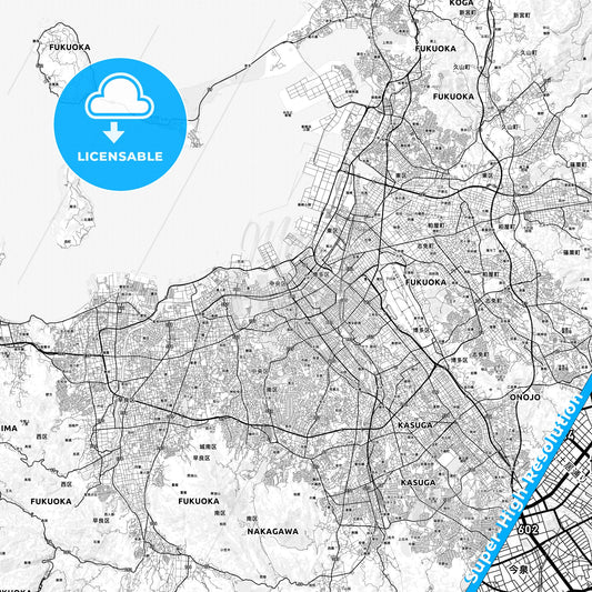 Fukuoka, Japan light map with streetnames, citynames and districts