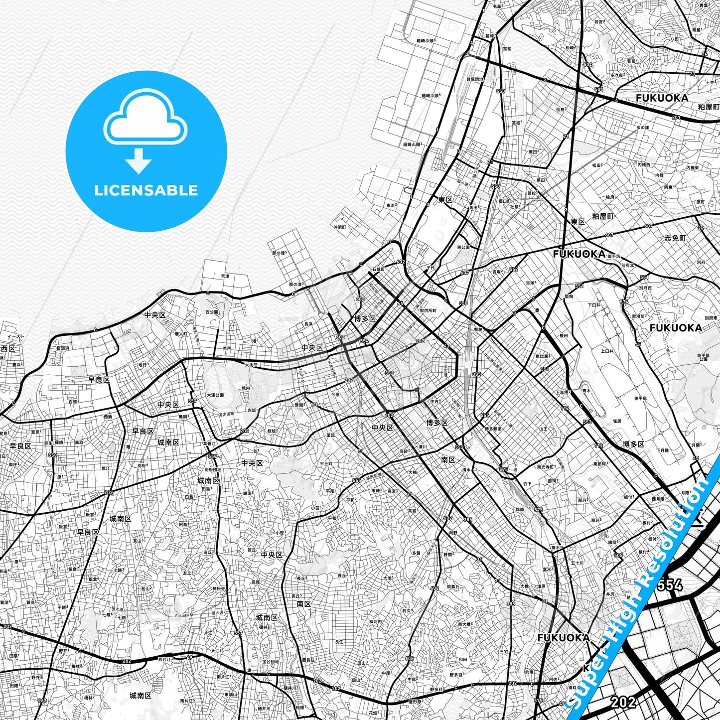 Fukuoka, Japan Light Map with Street Names, City Names, and Districts