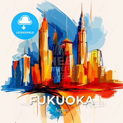 Vibrant Fukuoka, Japan - A Colorful Cityscape With A Bridge - Square format print template
