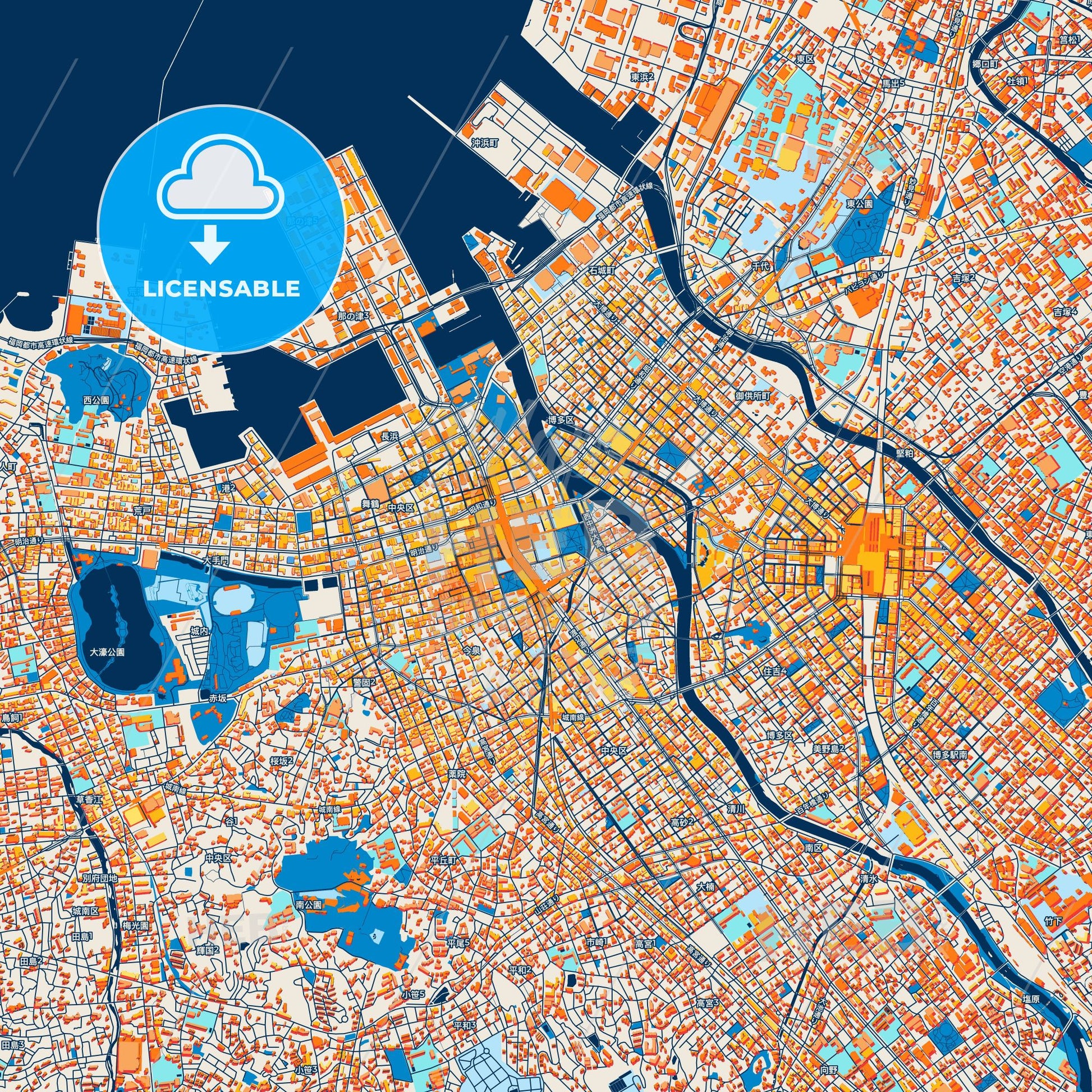 Colorful Fukuoka Street Map with Labels and Buildings