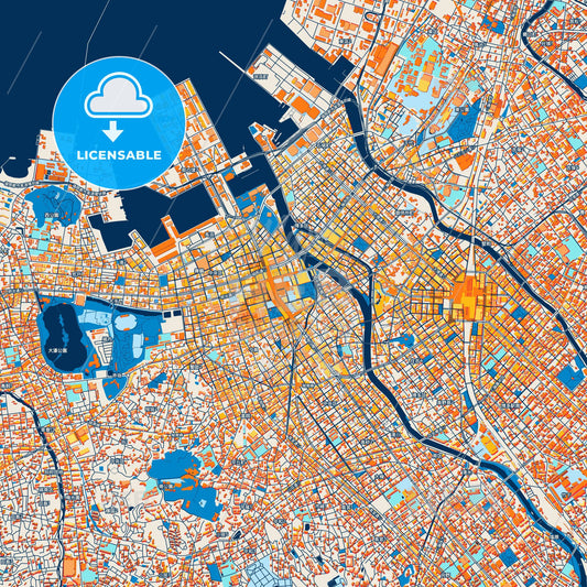 Colorful Fukuoka Street Map with Labels and Buildings